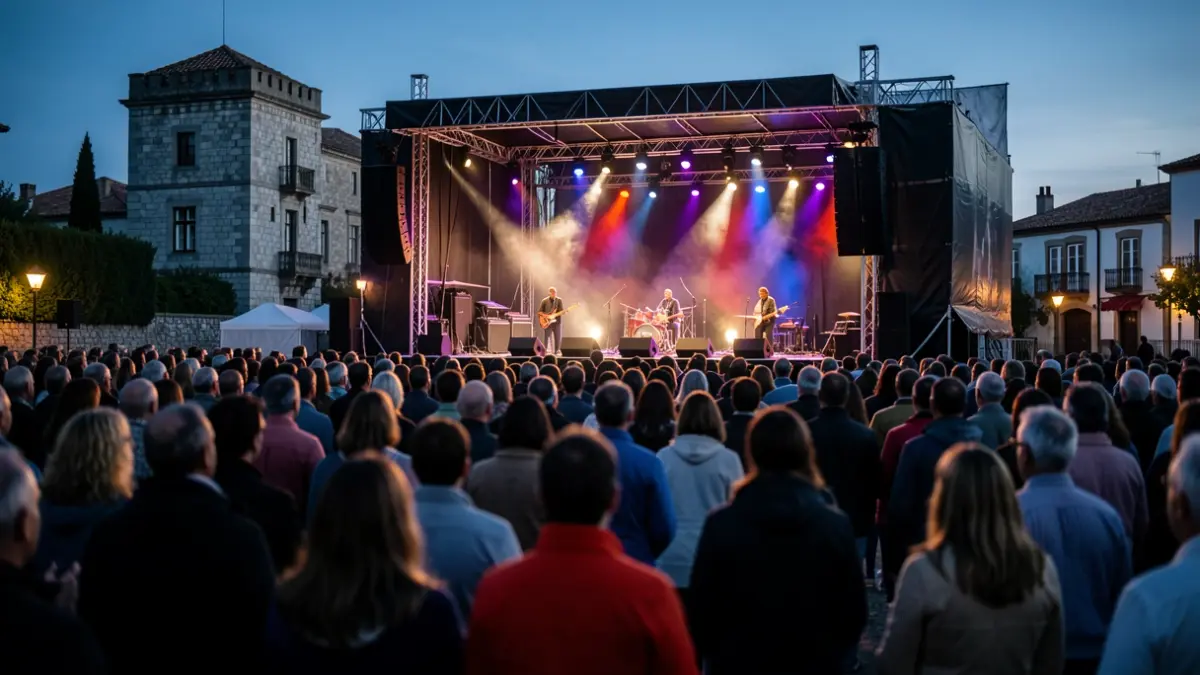 Imaxe xenérica dun concerto ao aire libre ao anoitecer en Galicia, con luces de escenario e público difuminado.
