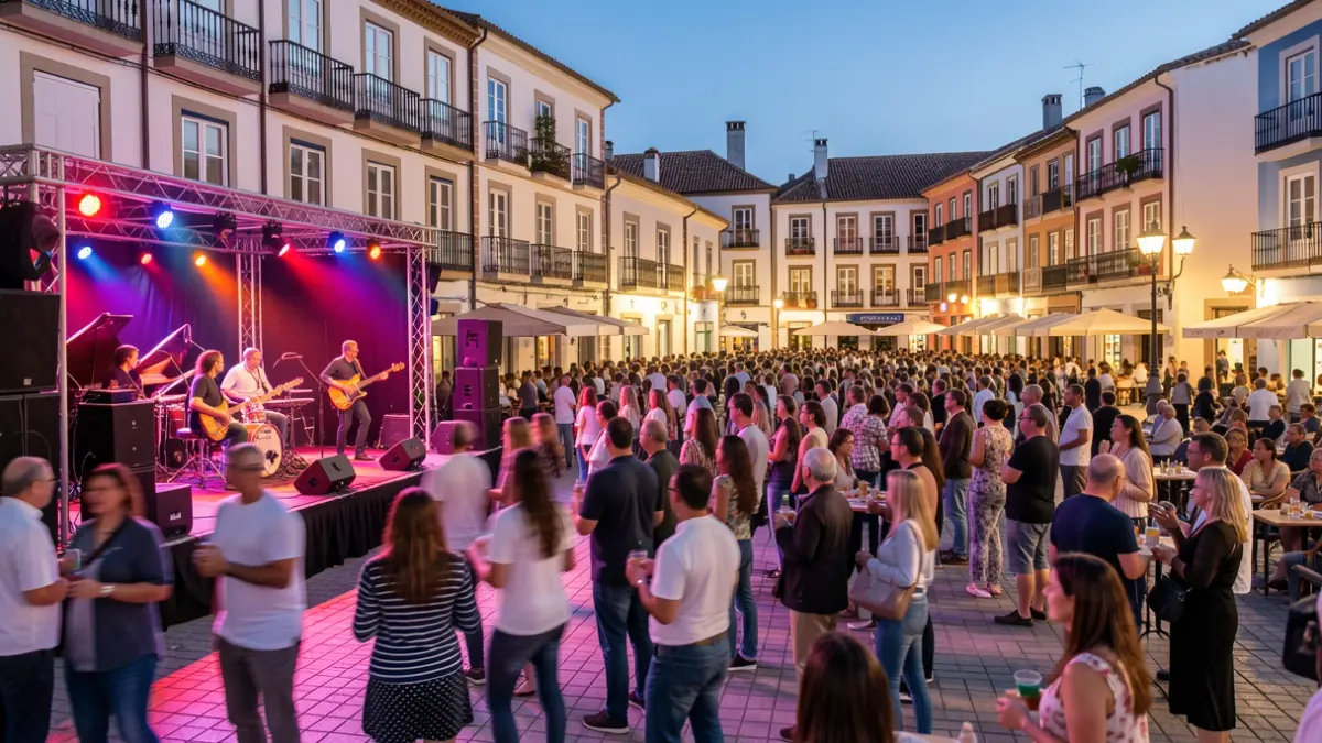 Imaxe xenérica dun concerto ao aire libre en Pontevedra con xente gozando da música.