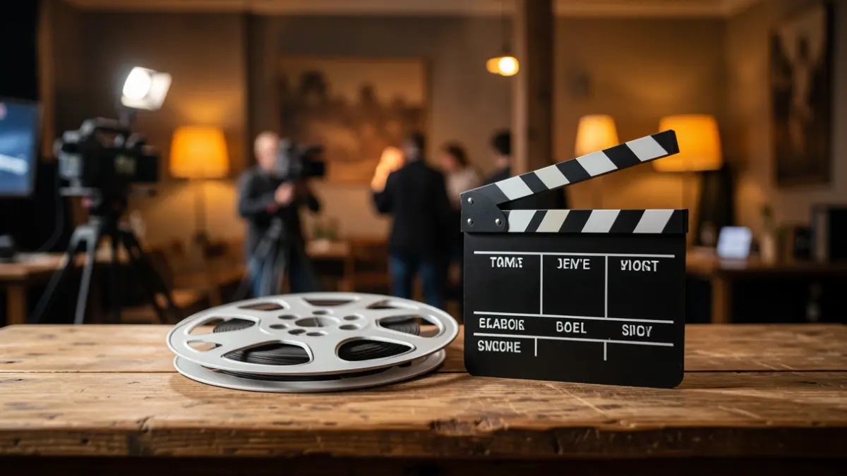 Imaxe xenérica dunha bobina de película e unha claqueta sobre unha mesa de madeira.