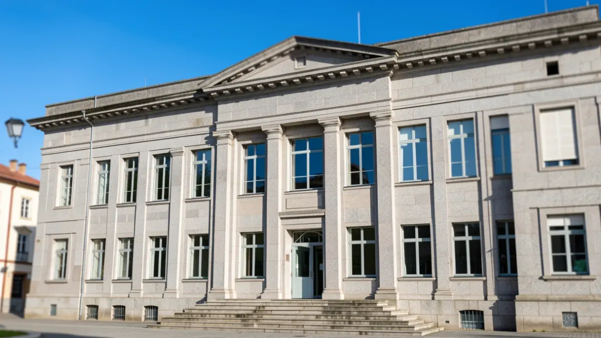 Imaxe xenérica dun edificio xudicial de granito en Galicia.