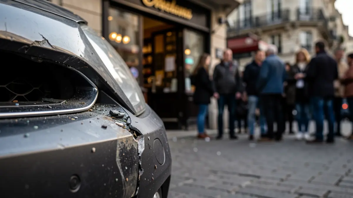 Primeira plana dun coche danado fronte a un bar destruído.