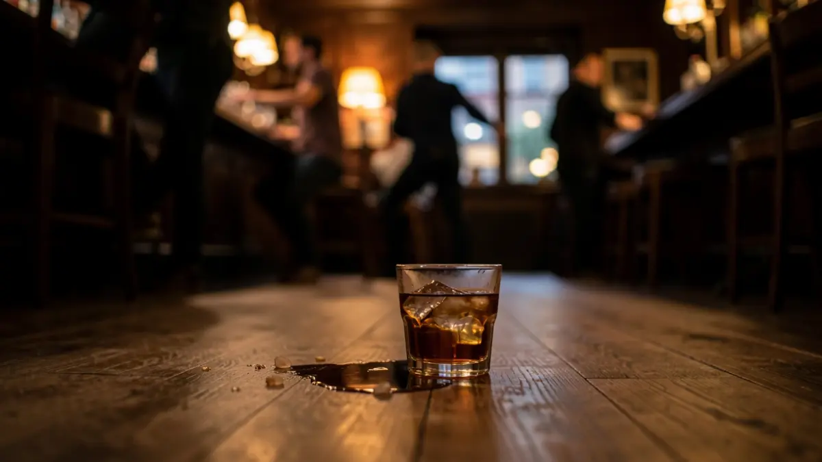 Imaxe xenérica dun bar con pouca luz e un vaso derramado no chan.