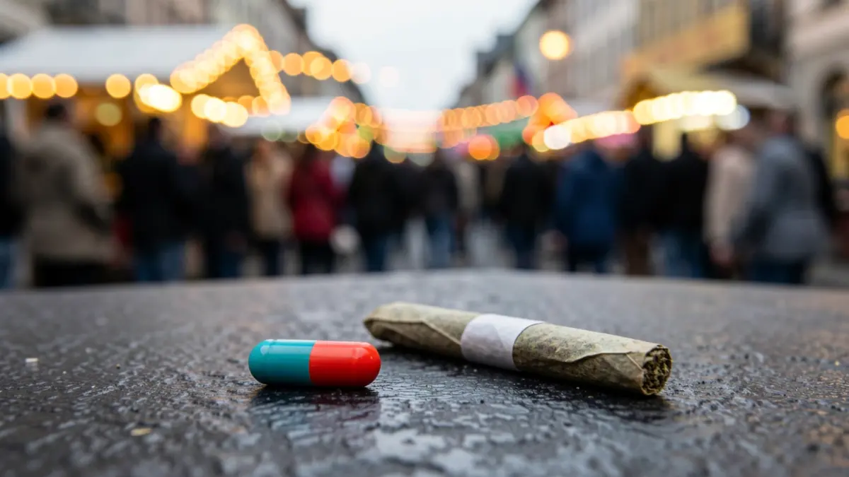 Primer plano dunha pílula colorida e un porro de marihuana sobre unha superficie escura, con luces de festival borrosas ao fondo.