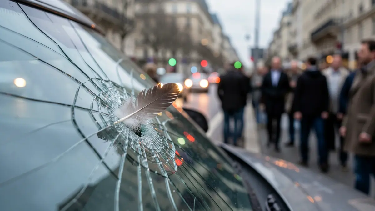 Imaxe dunha pluma de ave incrustada nun parabrisas rachado dun coche, con luces de estrada desenfocadas ao fondo.