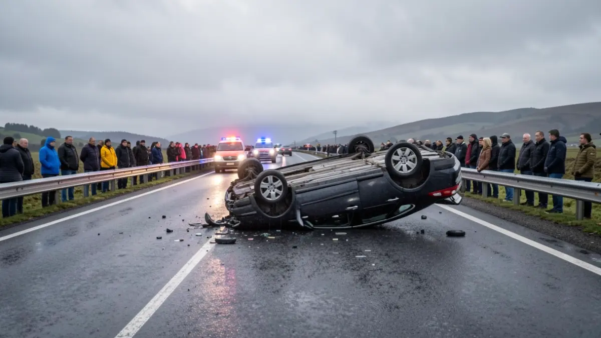 Imagen genérica de un coche volcado en una carretera gallega con luces de emergencia.