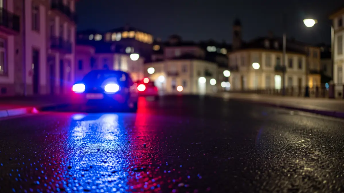 Imagen genérica de luces de emergencia policiales reflejadas en el asfalto mojado por la noche.