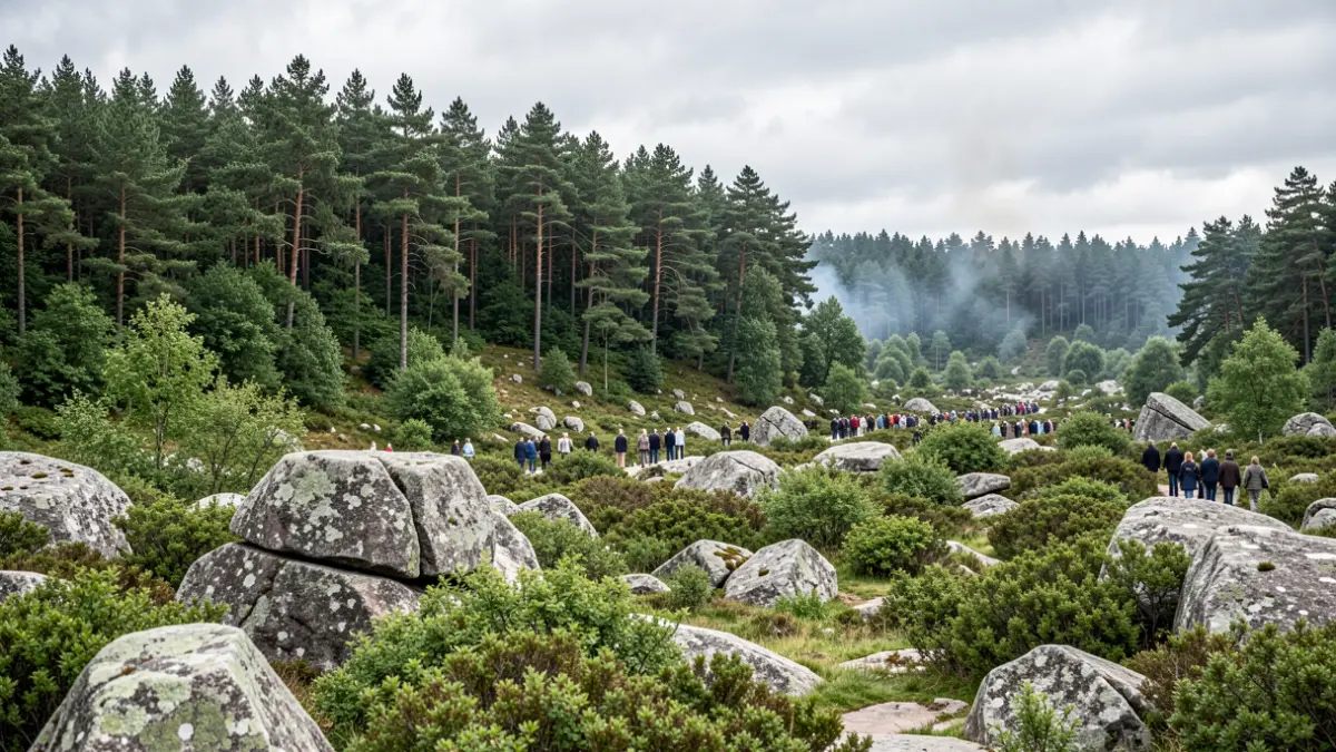 Imaxe xenérica de paisaxe forestal galega con fume á distancia.