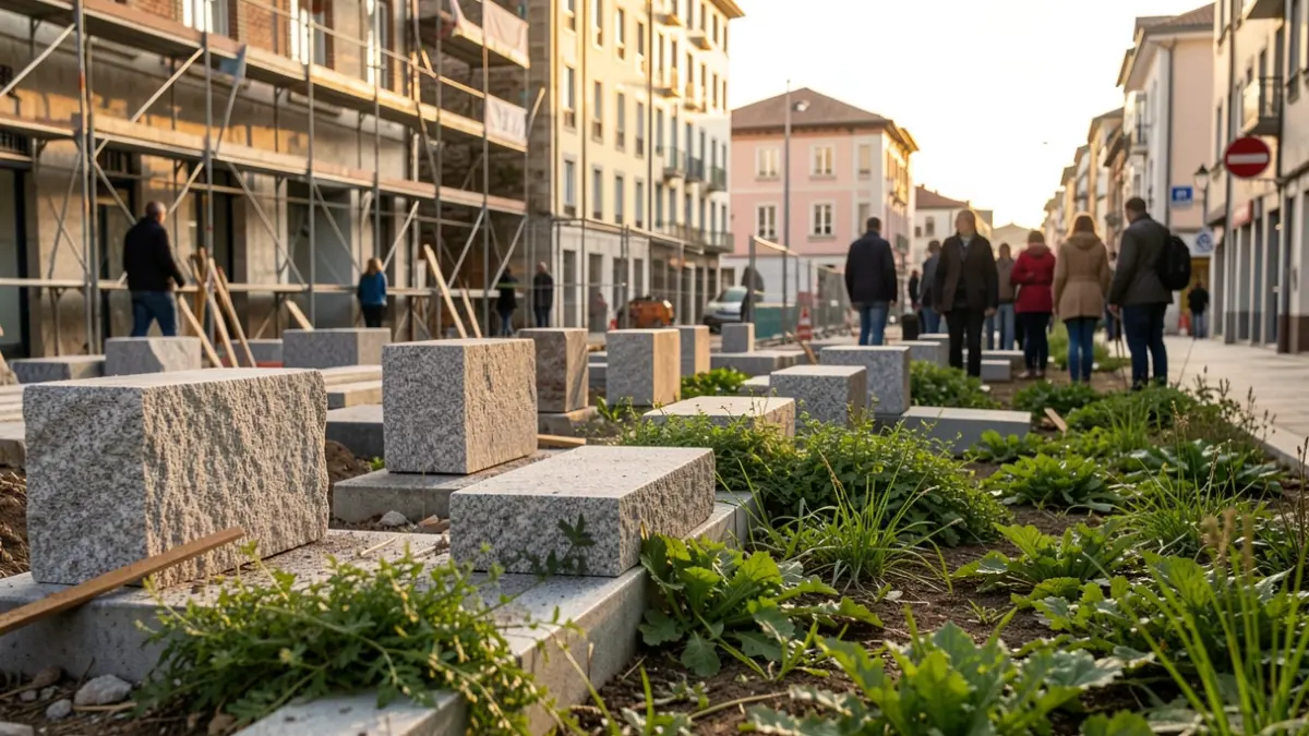 Imagen genérica de obras de reurbanización en un barrio gallego con vegetación.