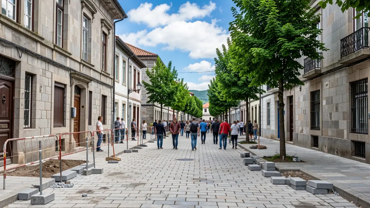 Imagen genérica de una calle gallega en proceso de humanización con pavimentación y barreras de obra.
