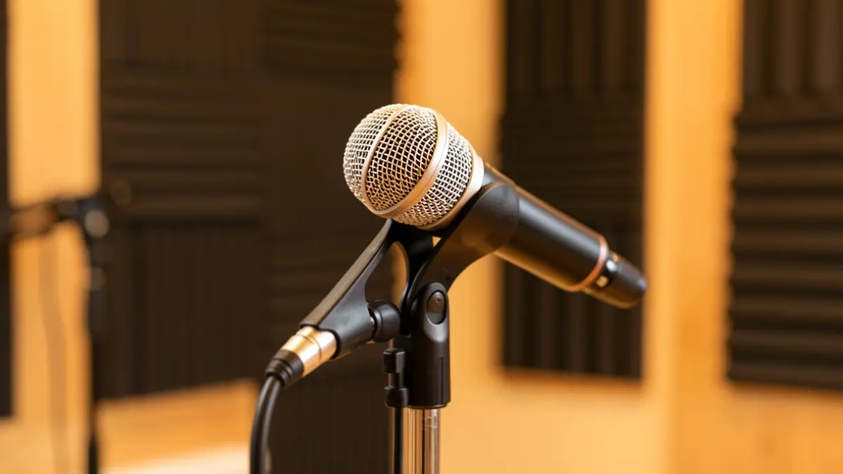 Imaxe xenérica dun micrófono de radio nun estudio.