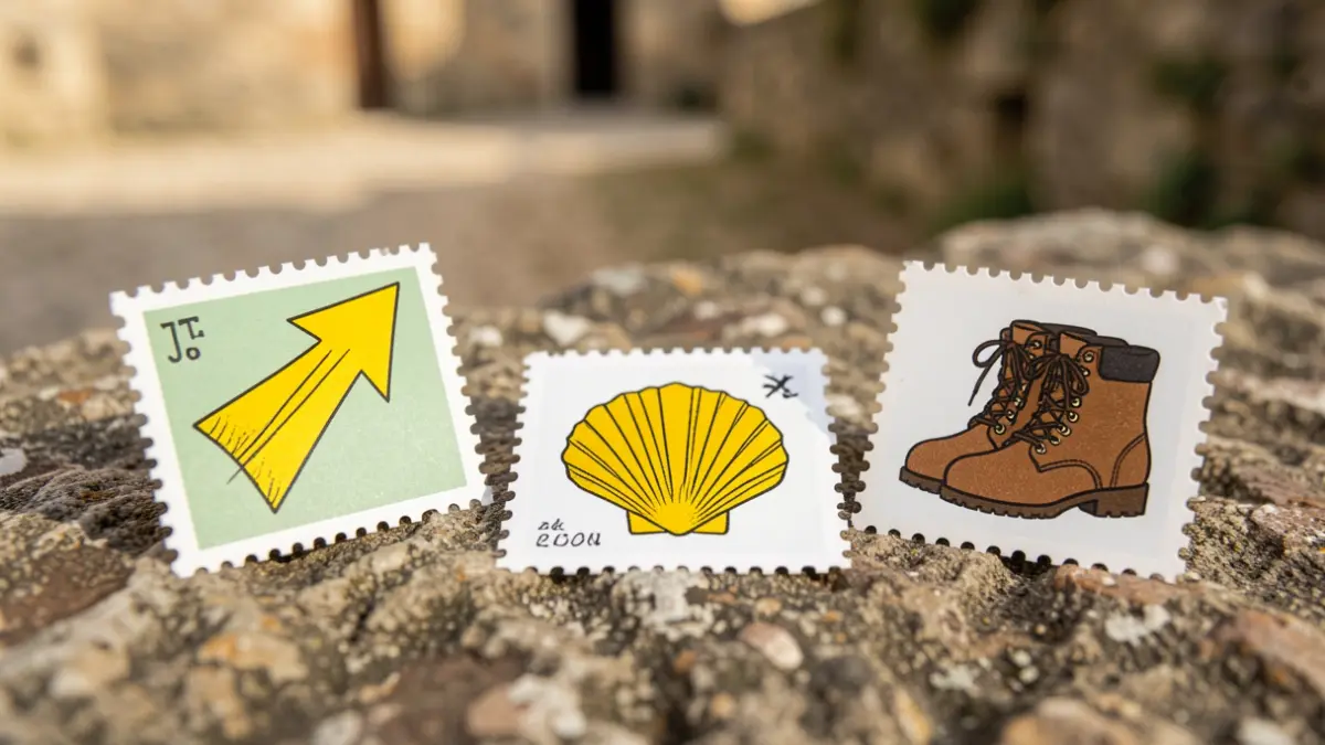 Imagen de cuatro sellos filatélicos con símbolos del Camino de Santiago.