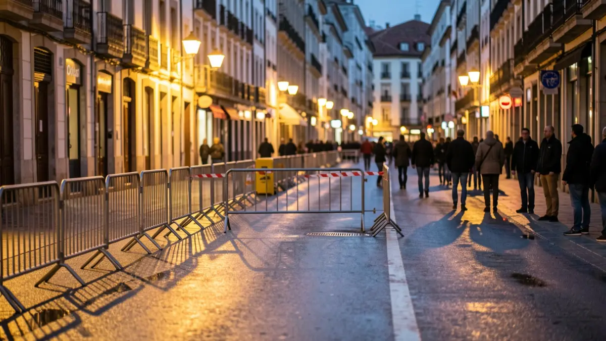 Rúa baleira no centro de Ourense ao anoitecer con barreiras de tráfico e farois quentes.