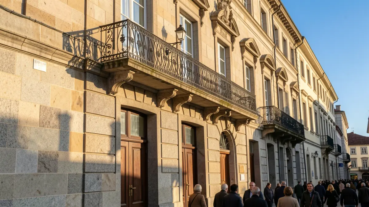 Imaxe xenérica dun concello galego de granito con balcón de ferro e luz solar.