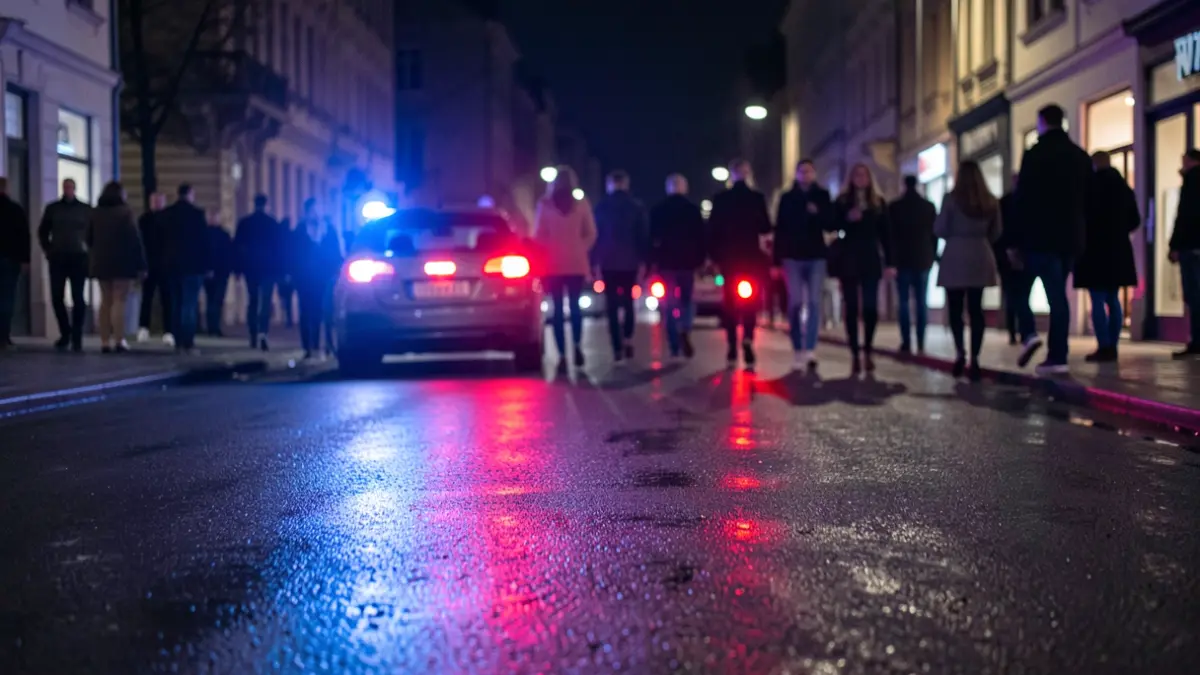 Imagen genérica de luces de emergencia azules y rojas reflejadas en el asfalto mojado por la noche.