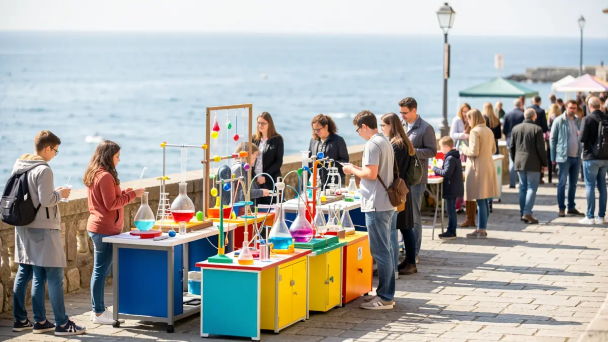 Imaxe dunha feira científica ao aire libre con estudantes interactuando con modelos educativos nun paseo marítimo.