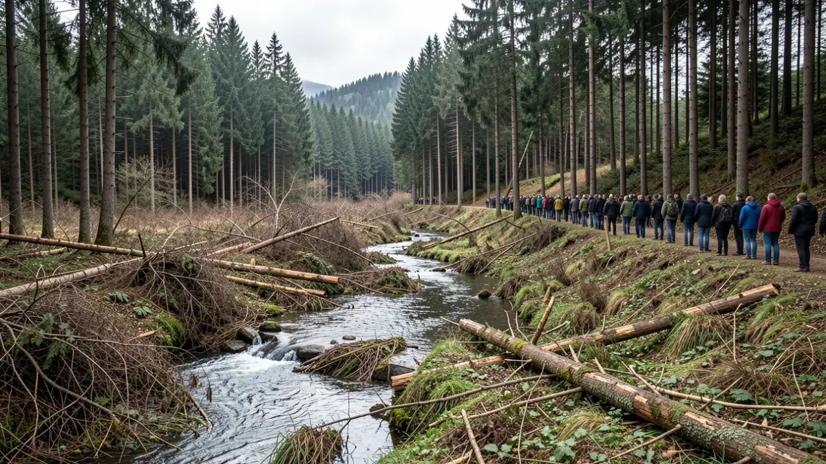 Imagen genérica de un bosque gallego con arroyo y señales de tala.