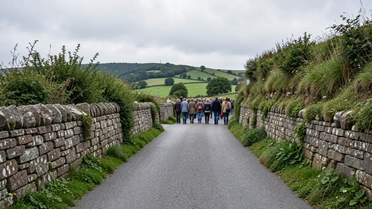 Imagen genérica de una carretera rural gallega con muros de piedra y vegetación.