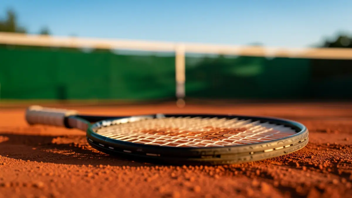 Primer plano de una raqueta de tenis sobre una pista de tierra batida.