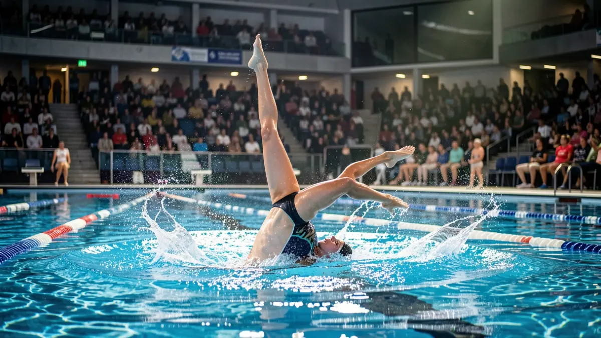Imaxe dunha nadadora artística realizando un solo nunha piscina interior con iluminación dramática.