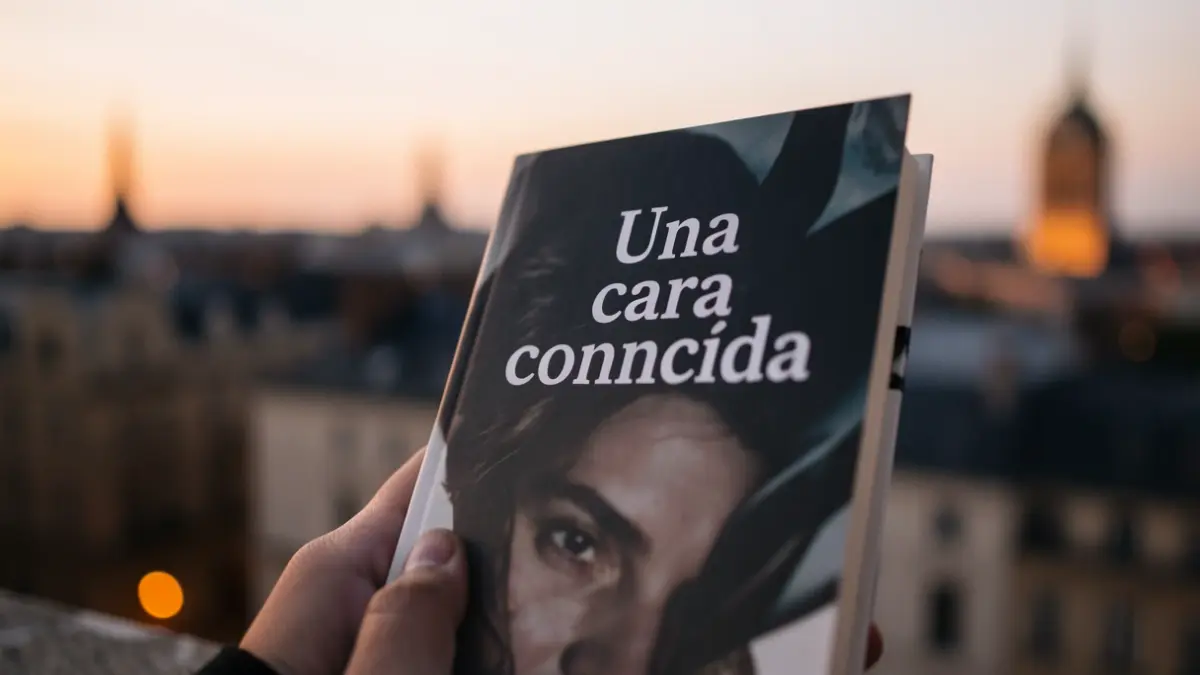Imagen de un libro titulado 'Una cara conocida' con un fondo urbano difuminado al anochecer.