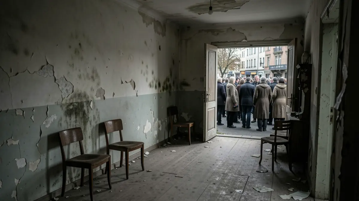 Imagen de un interior con signos de abandono, moho y mobiliario desgastado.