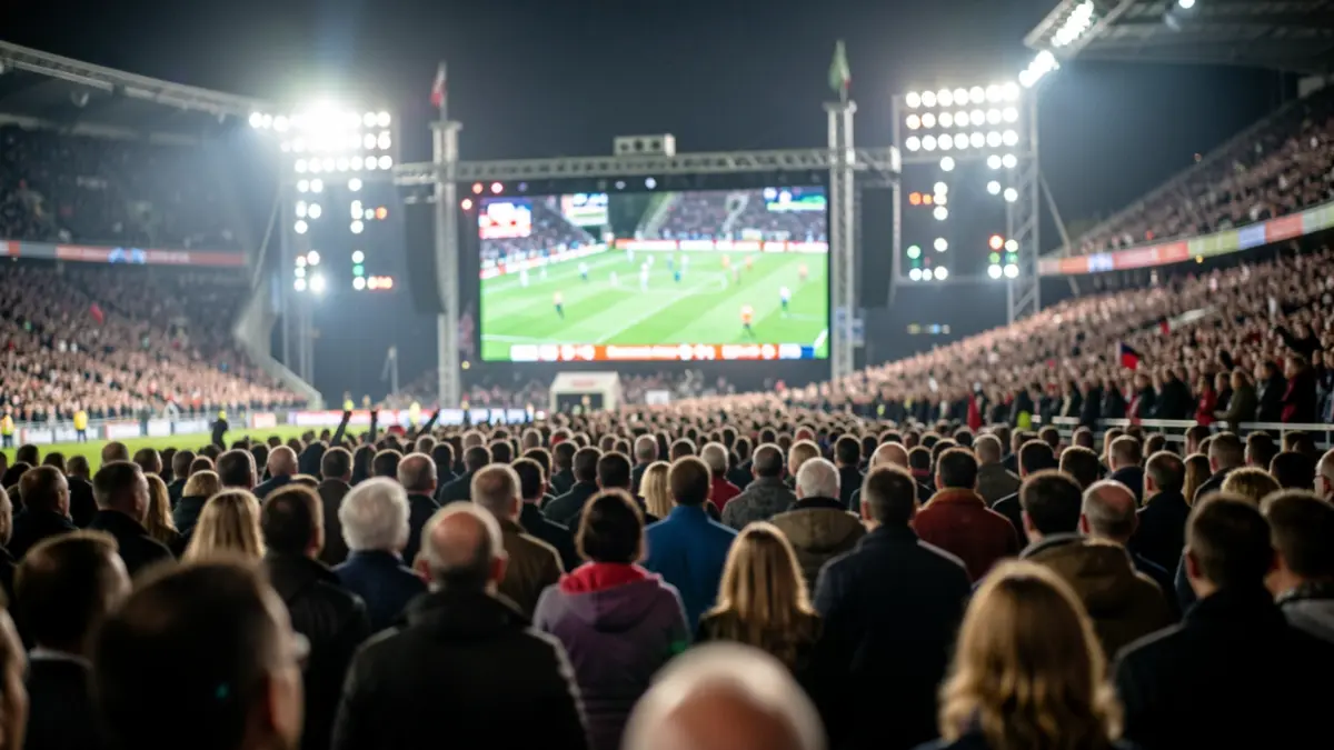 Imagen genérica de una multitud en un estadio por la noche con luces de escenario y una pantalla mostrando un partido de fútbol.