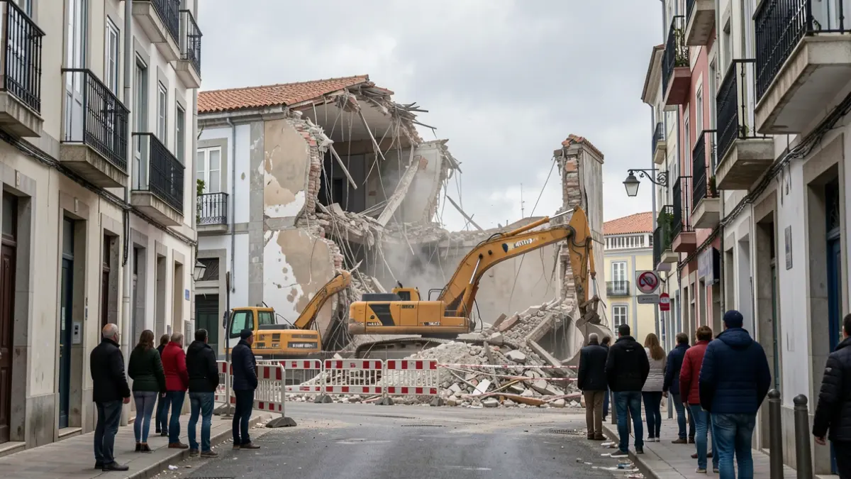 Imaxe xenérica de maquinaria de demolición nunha rúa estreita de A Coruña.