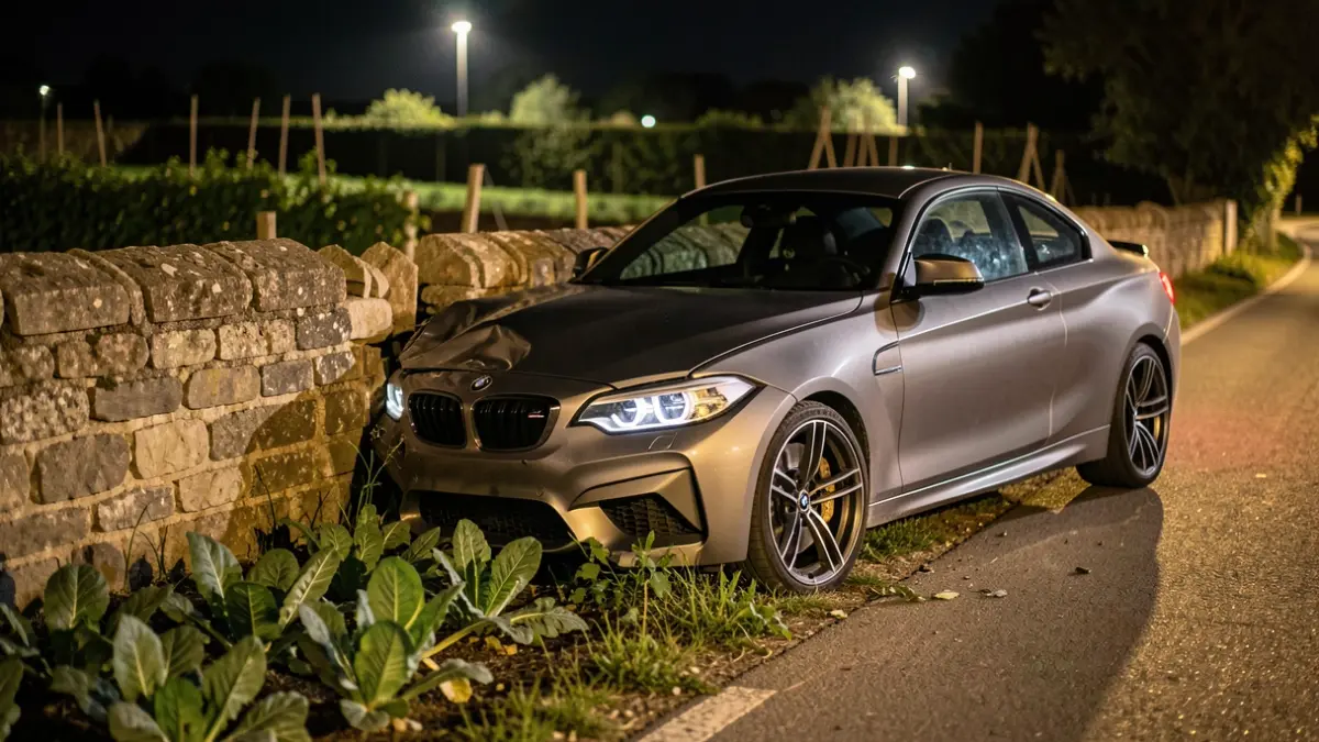 Un coche deportivo BMW M2 se estrelló contra un muro y cayó en un huerto en Toén.