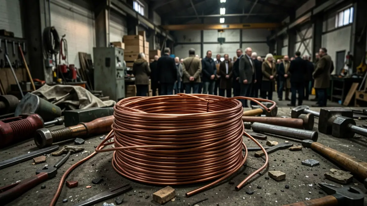 Primer plano de una bobina de cable de cobre en un almacén industrial.