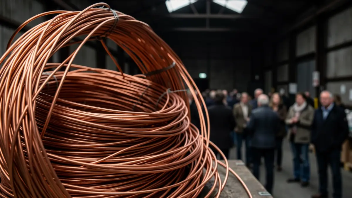 Primer plano de una gran bobina de cable de cobre, símbolo del material robado, con un fondo desenfocado de un almacén industrial oscuro.