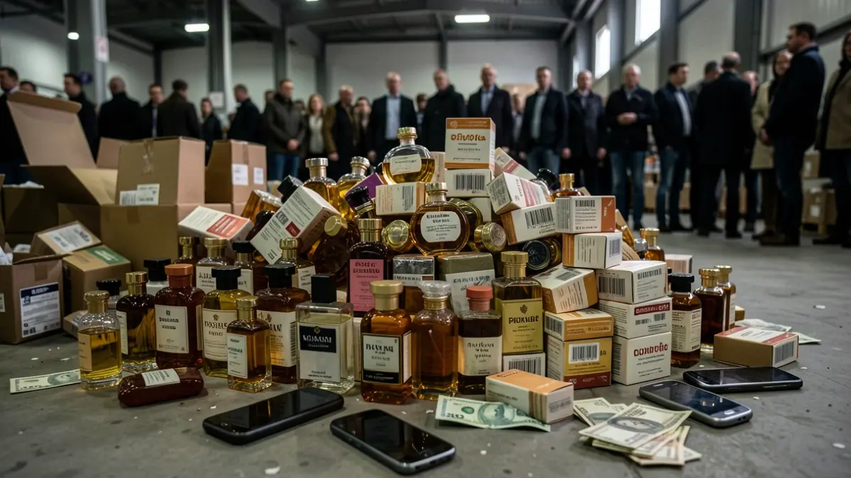 Imagen de un almacén con botellas de perfume y cajas de tabaco, teléfonos móviles y dinero.