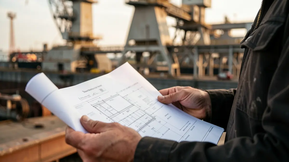 Primeira plana dun plano industrial de Navantia nas mans dun traballador.