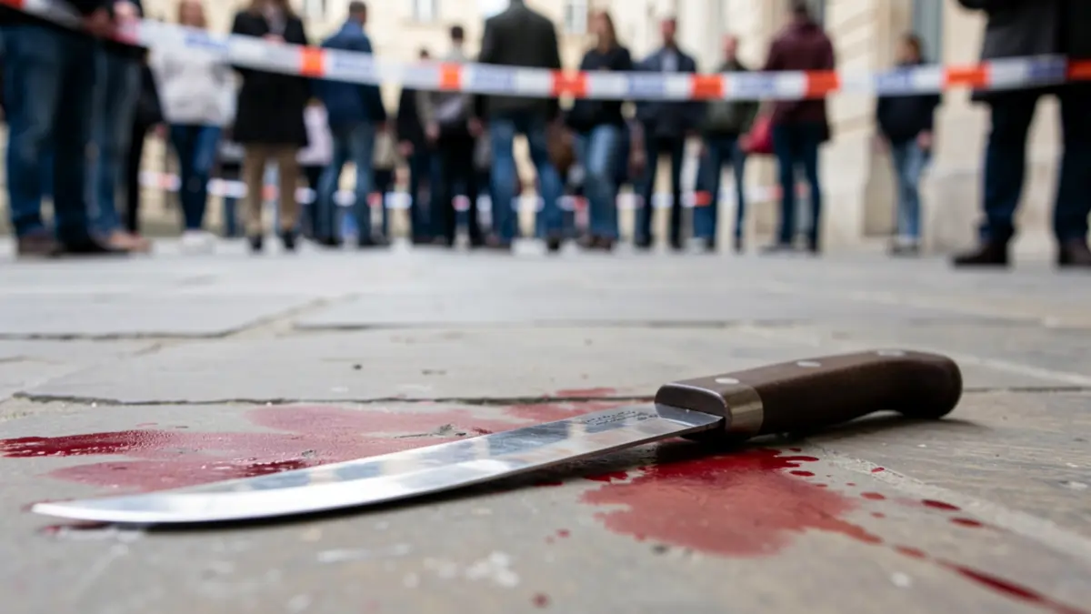 Imagen genérica de un machete con manchas rojas y cinta policial de fondo.