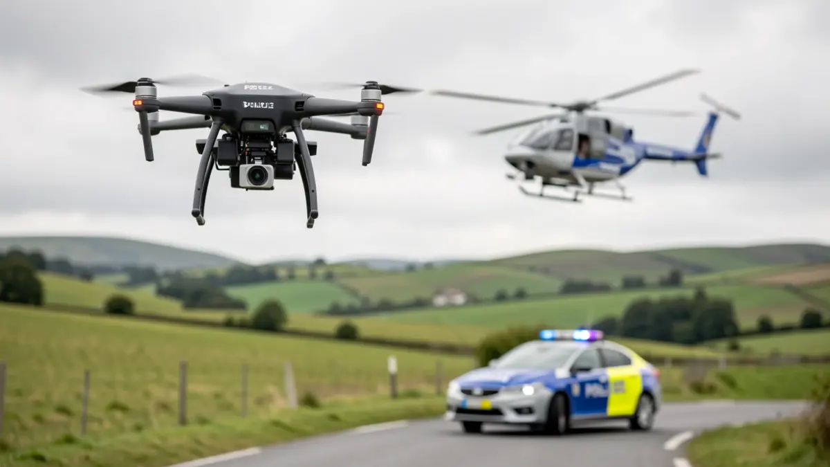 Imaxe xenérica de operación policial con dron e helicóptero sobre paisaxe galega.