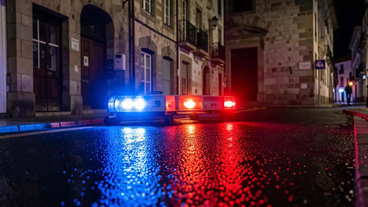 Imagen genérica de luces de emergencia reflejando en una calle mojada por la noche en Galicia.