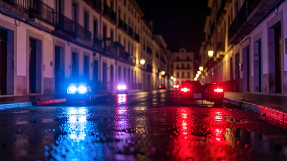 Imaxe xenérica de luces de emerxencia policiais reflectindo nunha rúa mollada pola noite.