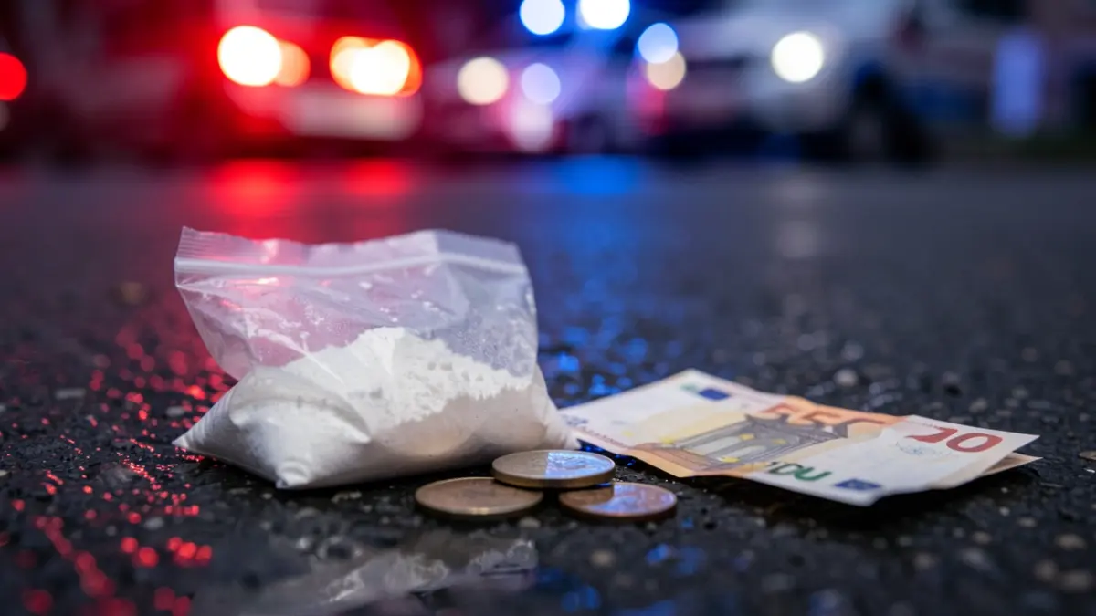 Primer plano dunha pequena bolsa de plástico con po branco, xunto a moedas e un billete de euro esgazado, sobre asfalto escuro e mollado. O fondo está desenfocado con luces de emerxencia vermellas e azuis.