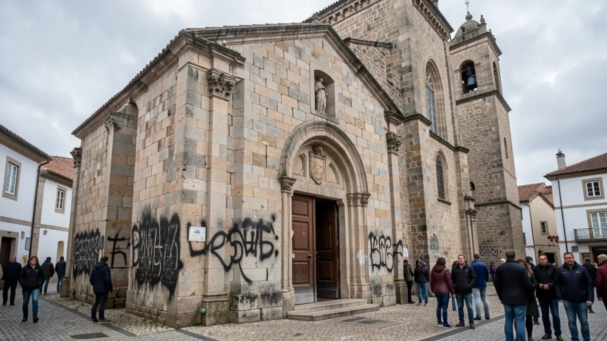 Imaxe dunha igrexa con pintadas de spray negro nos muros.