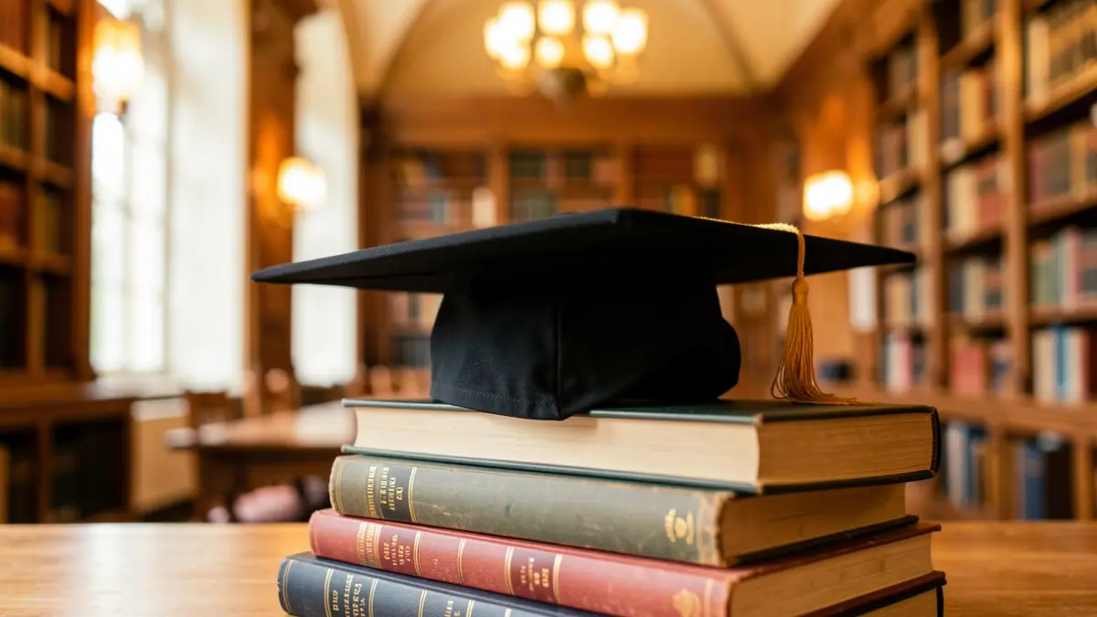 Imagen genérica de un birrete de graduación sobre libros en una biblioteca.