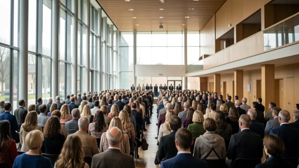 Imaxe dun auditorio moderno con luz natural e ambiente de reunión.