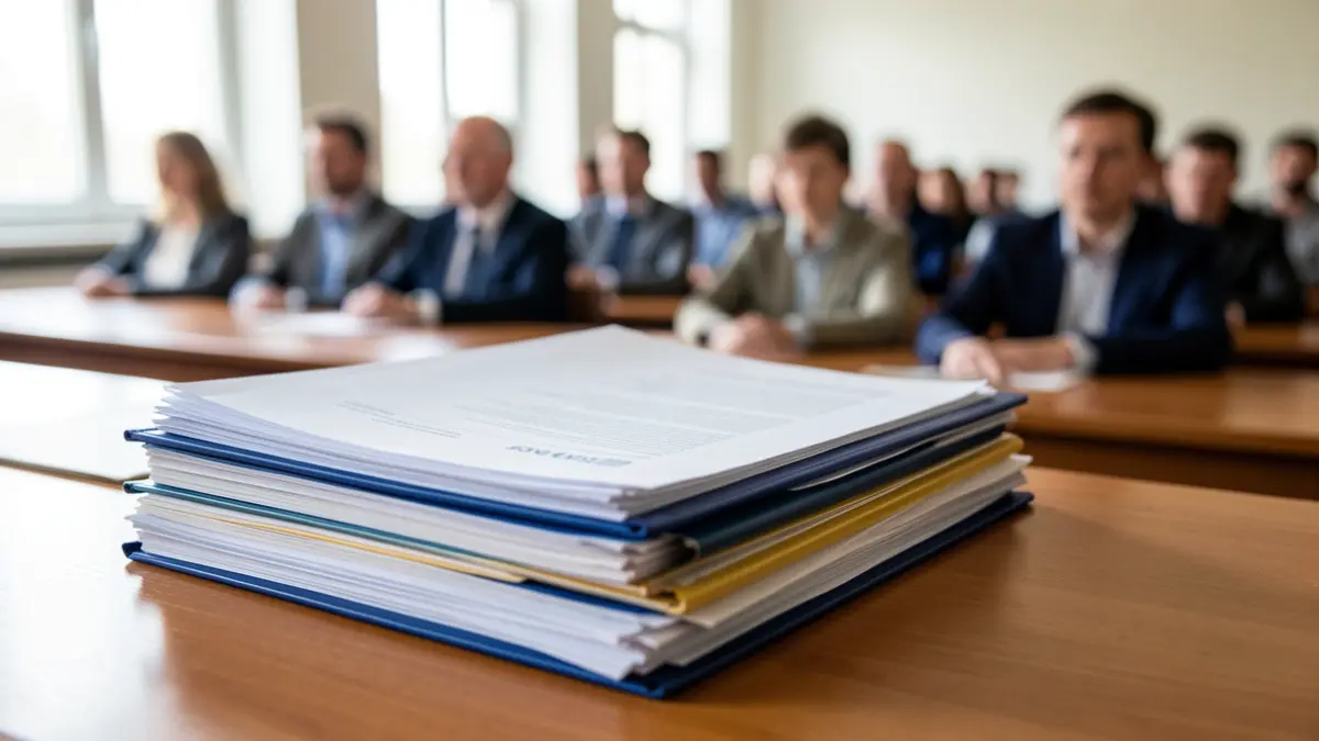 Documentación administrativa sobre una mesa de despacho.