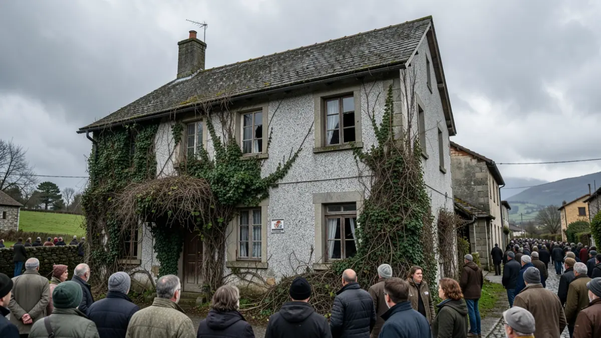 Imagen genérica de una casa rural en Galicia con signos de lucha y cielo nublado.