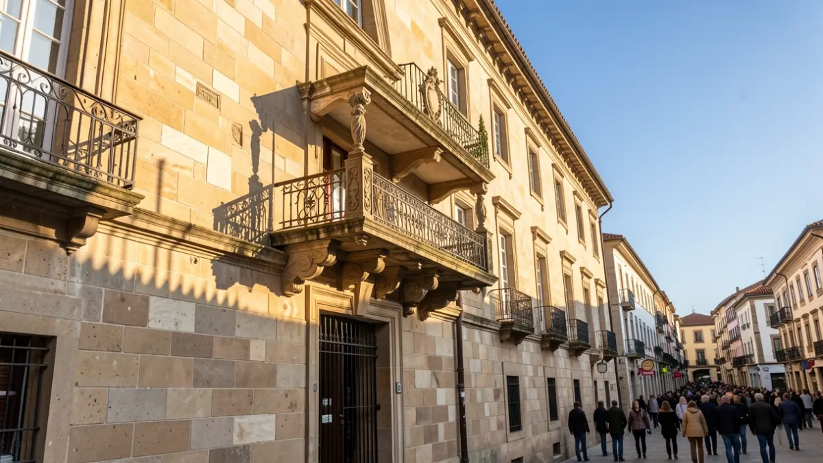 Imagen genérica de un ayuntamiento gallego de piedra con balcón y rejas de hierro, luz solar de la tarde.