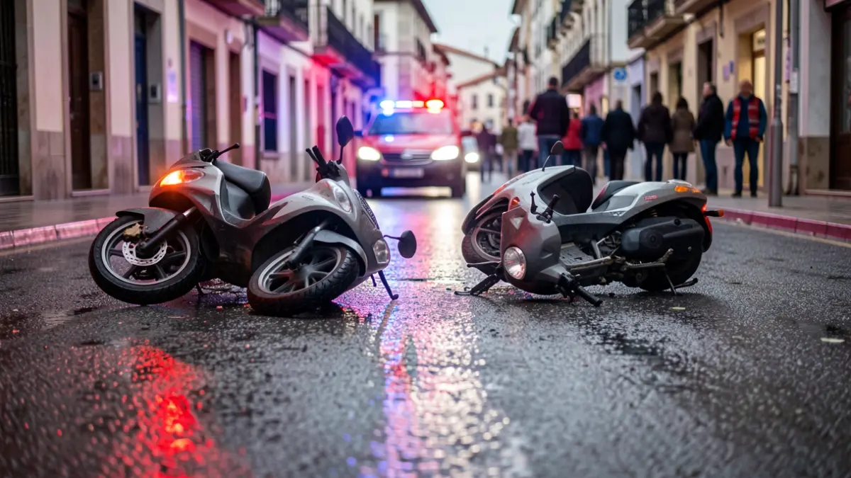 Imagen genérica de dos scooters accidentadas en una calle mojada con luces de emergencia.
