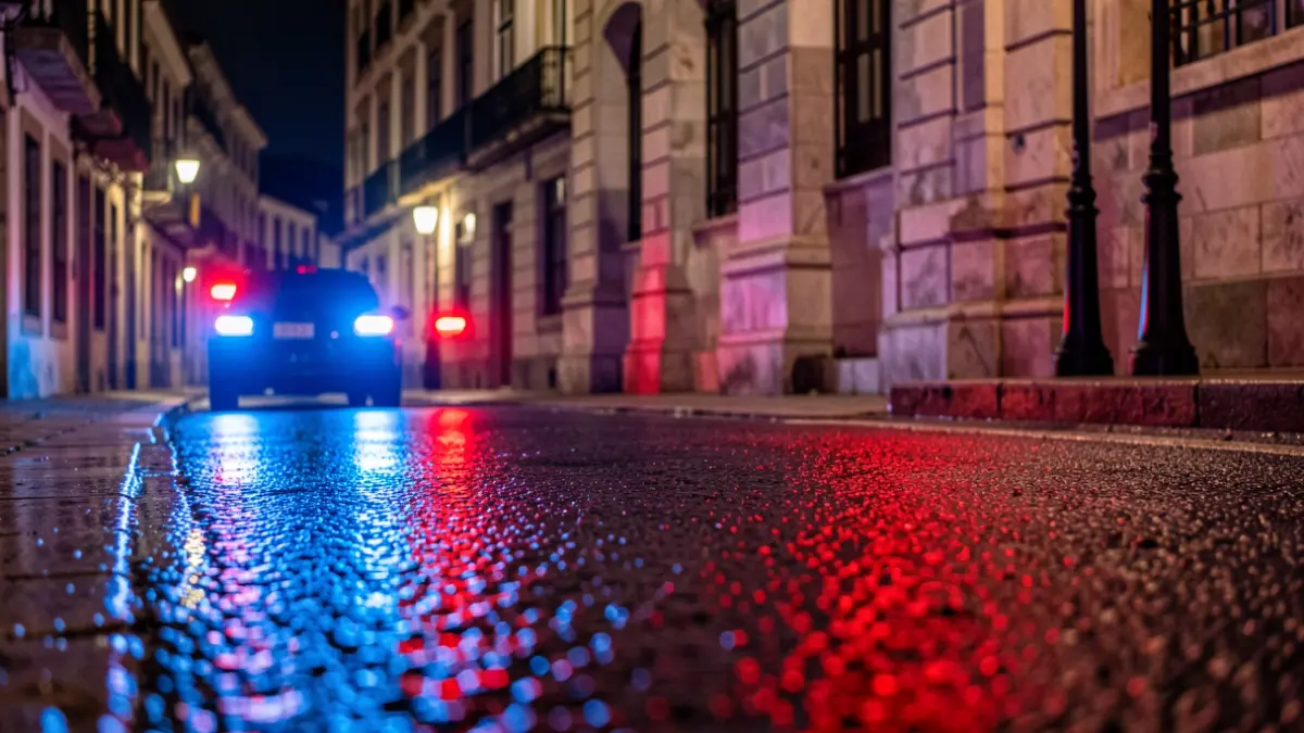 Imaxe xenérica de luces de emerxencia policiais reflectindo nunha rúa mollada de Galicia.