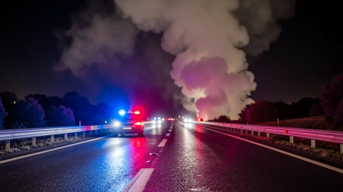 Imagen genérica de luces de emergencia reflejando en una carretera mojada por la noche, con humo denso al fondo.