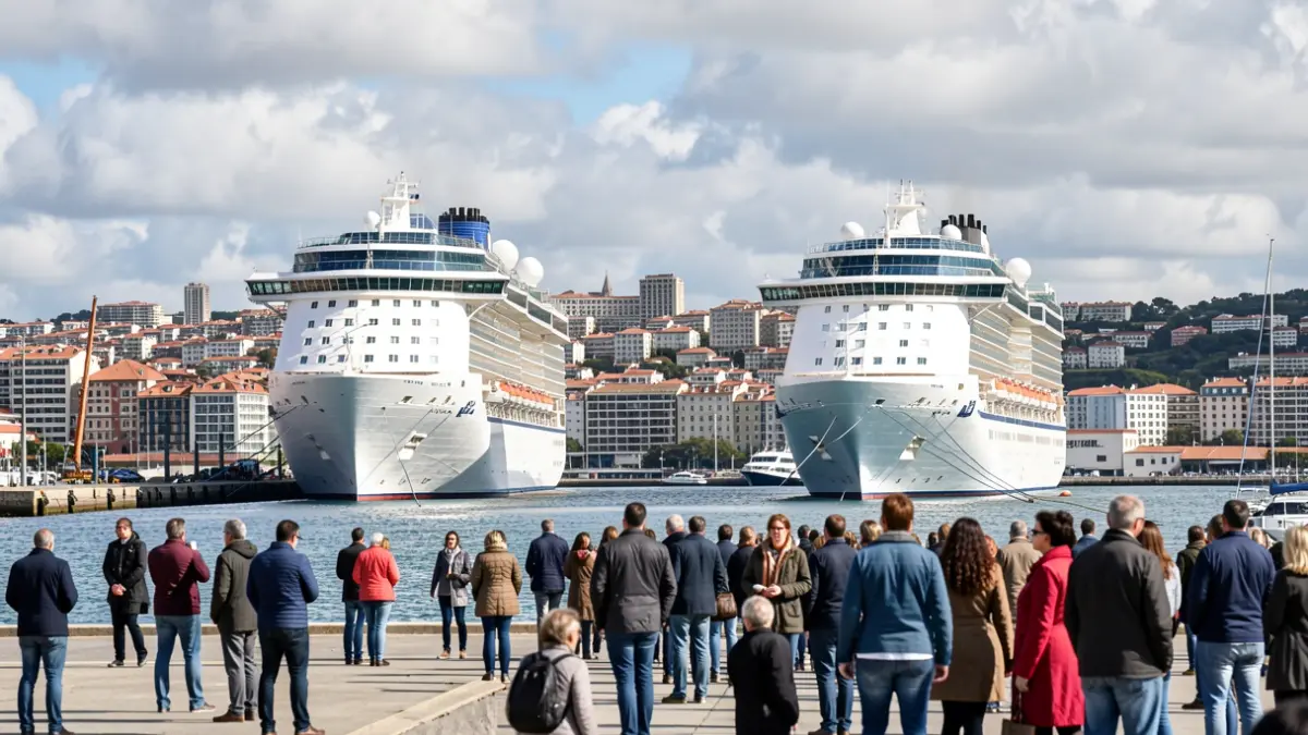 Dous grandes cruceiros atracados no porto de Vigo, Galicia, cunha cidade animada ao fondo.