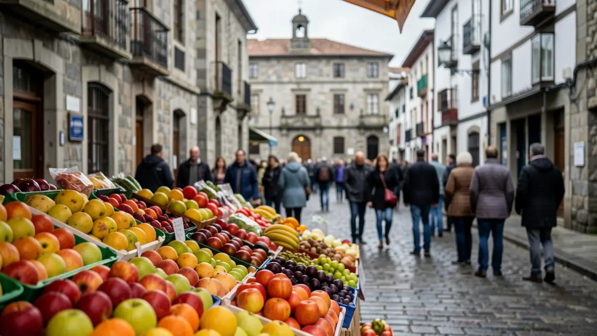 Imagen genérica de una frutería con frutas coloridas y arquitectura gallega de fondo.