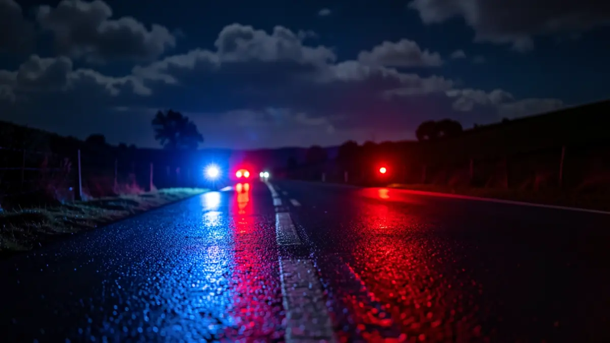 Imagen genérica de luces de emergencia azules y rojas reflejando en el asfalto mojado por la noche en una carretera rural de Galicia.