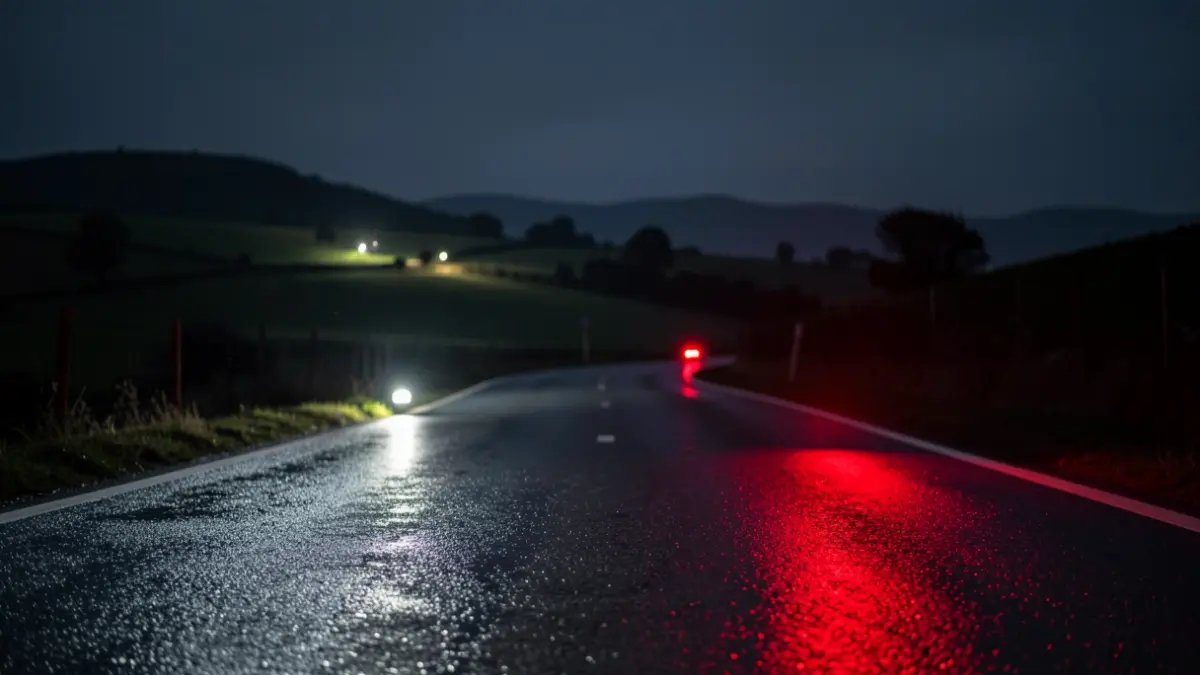 Imaxe xenérica de luces de emerxencia reflectindo nunha estrada mollada pola noite.